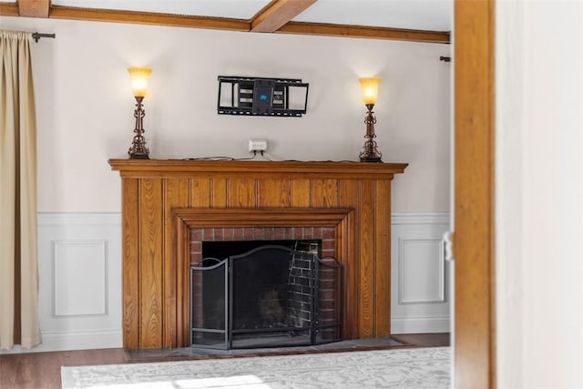 room details with a wainscoted wall, a fireplace, a decorative wall, and wood finished floors