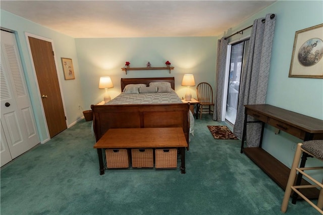 bedroom featuring dark carpet and baseboards