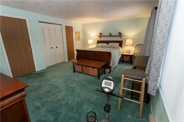 bedroom featuring dark colored carpet