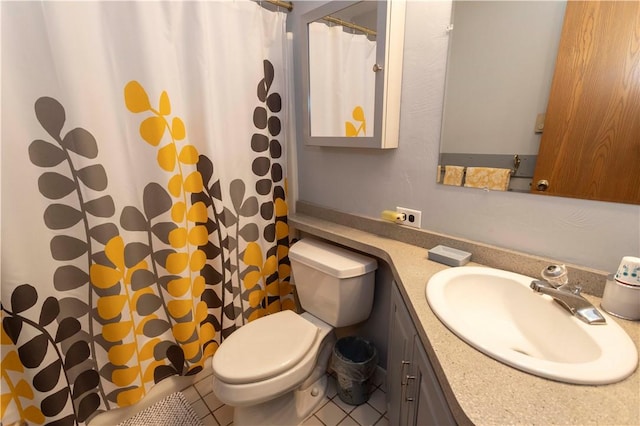 full bath featuring toilet, tile patterned flooring, a shower with shower curtain, and vanity