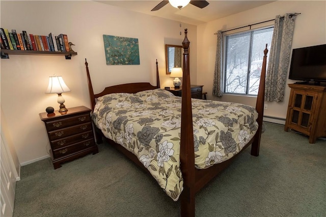 bedroom with ceiling fan, dark colored carpet, and baseboard heating