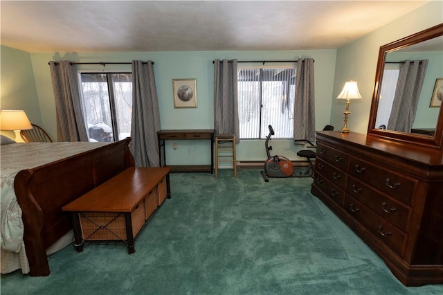 bedroom featuring dark colored carpet