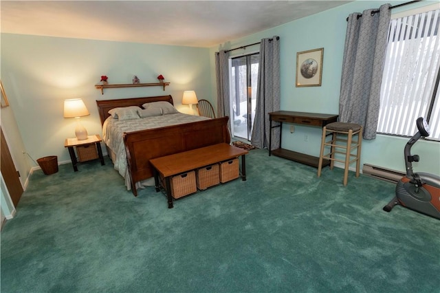 bedroom featuring dark colored carpet and baseboards