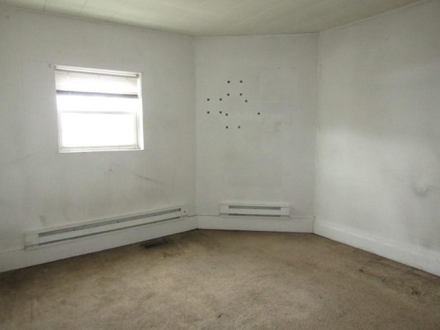 empty room with a baseboard radiator and carpet