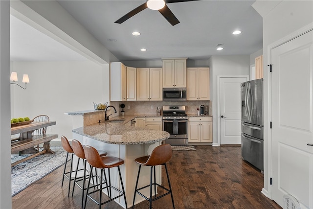 kitchen with light stone counters, a breakfast bar area, a peninsula, stainless steel appliances, and a sink