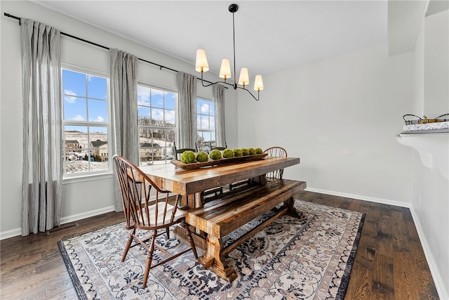 dining room featuring a chandelier, visible vents, dark wood finished floors, and baseboards