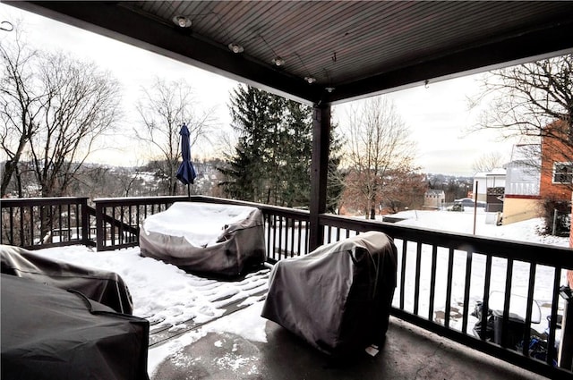 snow covered deck with grilling area