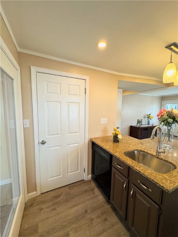 kitchen featuring black dishwasher, light stone counters, a sink, and decorative light fixtures