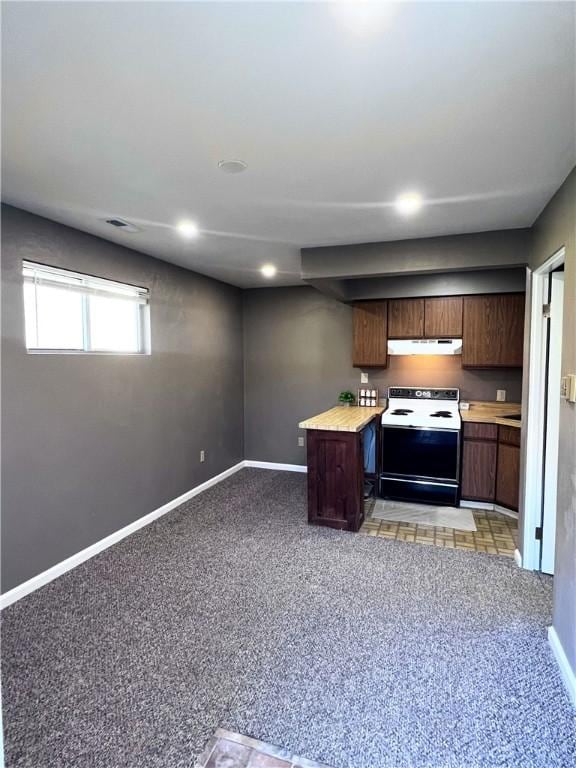 kitchen featuring light carpet, dark brown cabinetry, baseboards, and white electric range oven