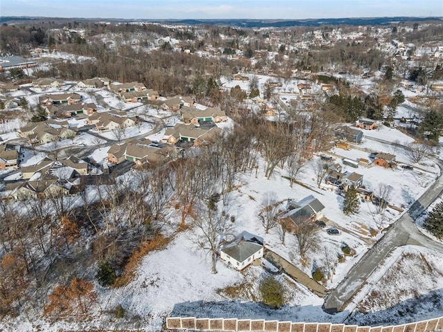 snowy aerial view featuring a residential view