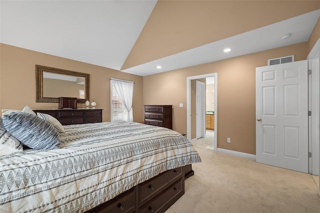 bedroom featuring baseboards, visible vents, light colored carpet, high vaulted ceiling, and recessed lighting