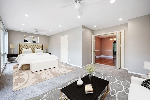 bedroom with carpet floors, recessed lighting, baseboards, and a ceiling fan