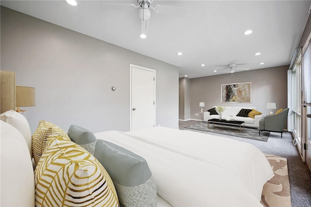 bedroom featuring recessed lighting, carpet flooring, and ceiling fan