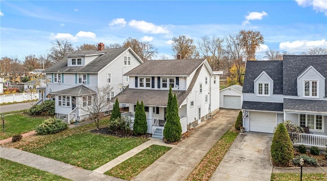 view of front of home with a porch, an outdoor structure, concrete driveway, a residential view, and a front lawn