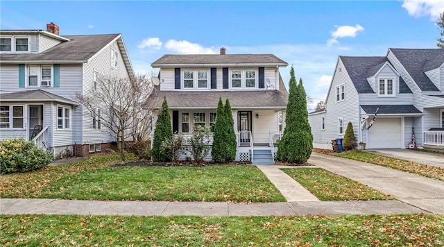 view of front of house featuring concrete driveway, a chimney, an attached garage, covered porch, and a front lawn