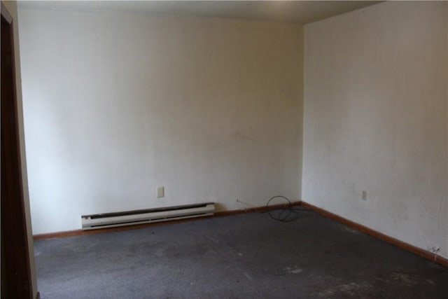 unfurnished room with a baseboard radiator and baseboards