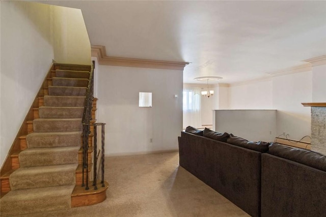 living room with stairs, ornamental molding, a chandelier, and carpet flooring