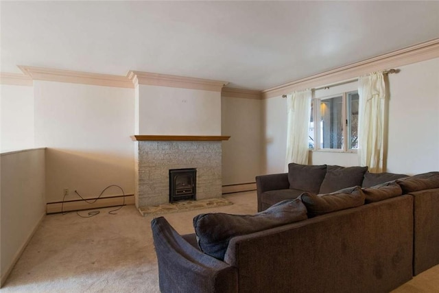 living area featuring a baseboard heating unit, light carpet, and crown molding