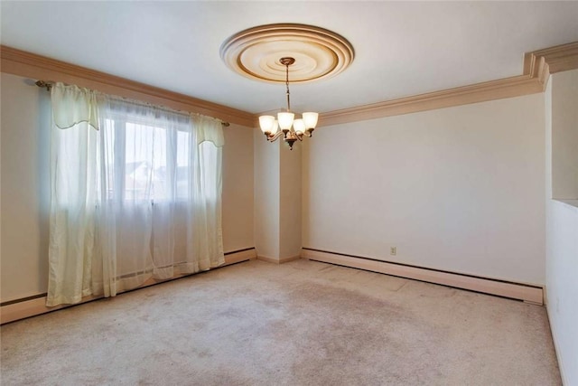 spare room with light carpet, a chandelier, baseboard heating, and crown molding