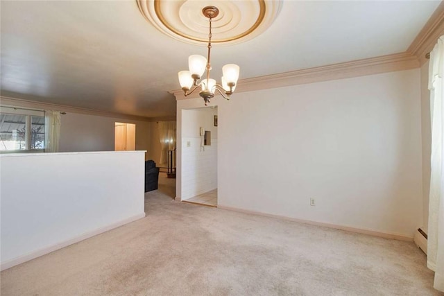 empty room featuring a chandelier, light carpet, a baseboard heating unit, baseboards, and ornamental molding