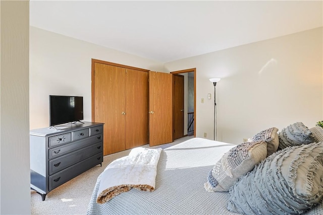 bedroom featuring light carpet and a closet