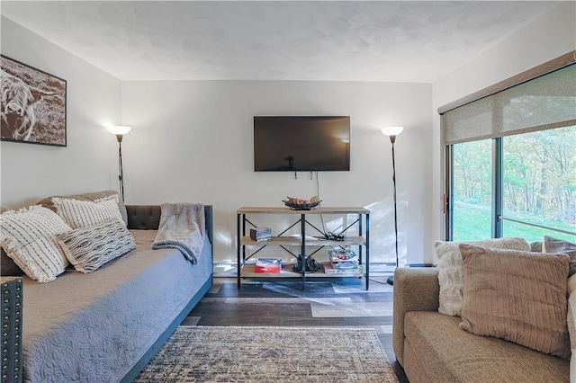 bedroom with access to outside and dark wood-style flooring