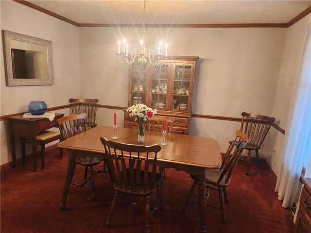 carpeted dining room with crown molding, an inviting chandelier, and baseboards