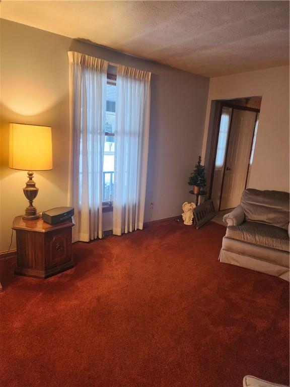 living area featuring a textured ceiling and dark carpet