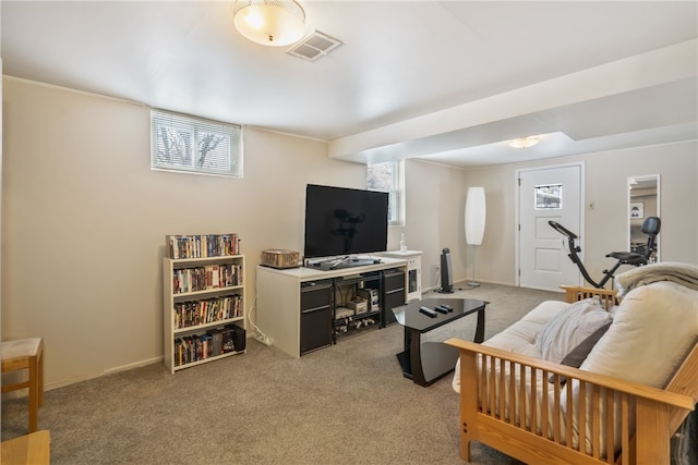 carpeted living room with visible vents