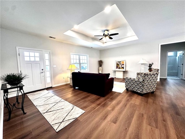 211 Ruby Dr, Menallen Twp, PA 15401 - living area with a ceiling fan, visible vents, wood finished floors, and a raised ceiling