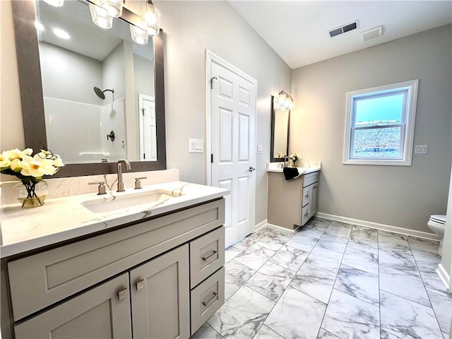 211 Ruby Dr, Menallen Twp, PA 15401 - full bathroom with visible vents, a sink, marble finish floor, and a shower