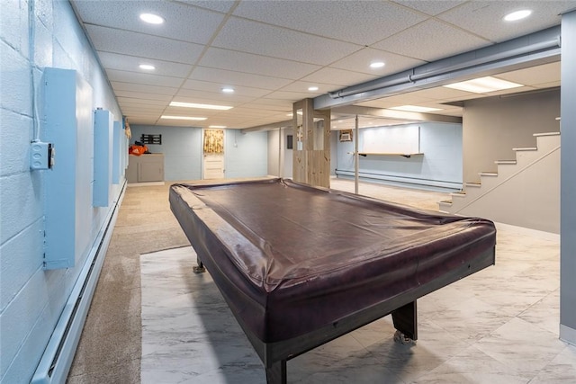 rec room with a baseboard heating unit, billiards, a paneled ceiling, and recessed lighting