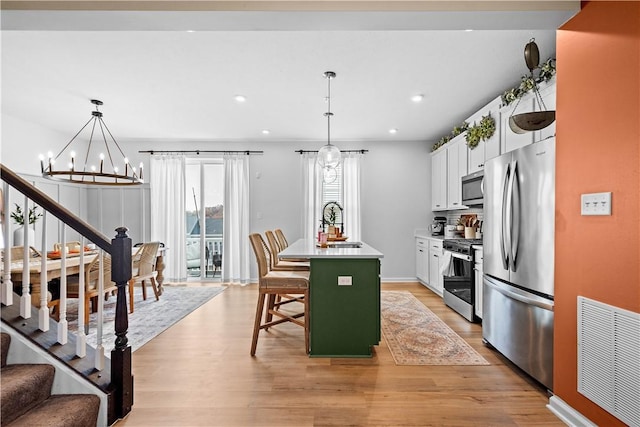 kitchen with stainless steel appliances, light countertops, white cabinets, and an island with sink