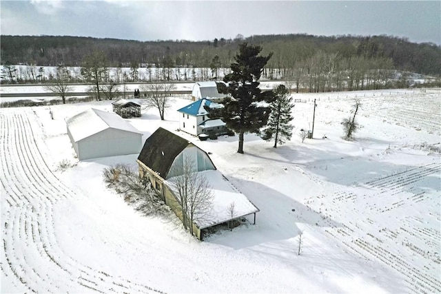 snowy aerial view with a view of trees