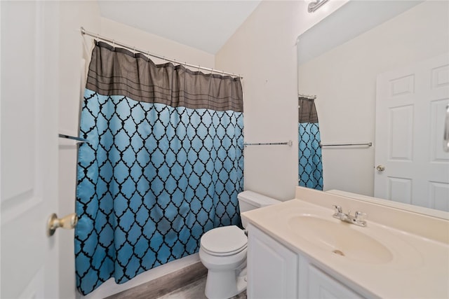 bathroom with wood finished floors, vanity, toilet, and a shower with curtain