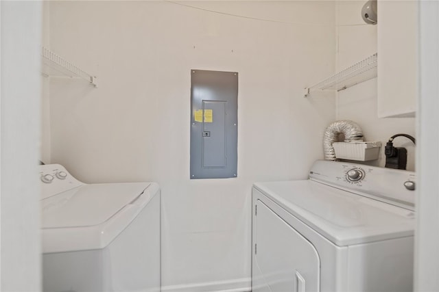 laundry room with laundry area, electric panel, and washing machine and clothes dryer