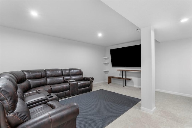 living room with recessed lighting, baseboards, and light colored carpet