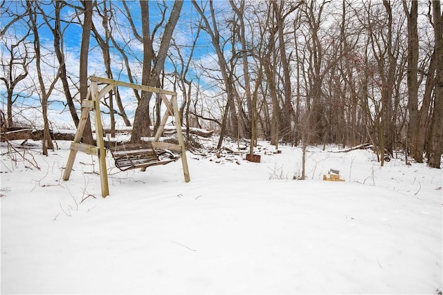 yard covered in snow with a garage