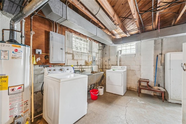 washroom featuring laundry area, a sink, water heater, independent washer and dryer, and electric panel