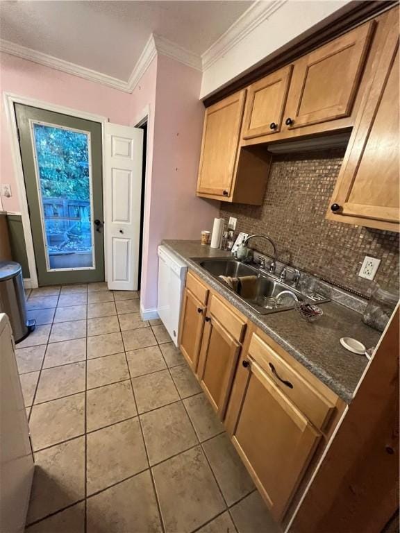 kitchen with dishwasher, ornamental molding, backsplash, and brown cabinets