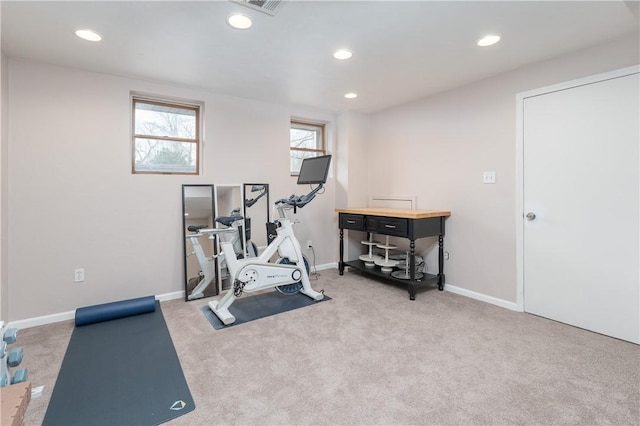 exercise area with carpet floors, recessed lighting, and baseboards