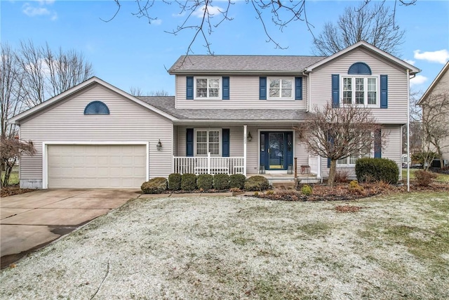 traditional-style house with an attached garage, covered porch, a front lawn, and concrete driveway