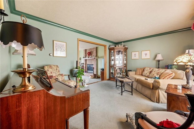 living area with carpet, a fireplace, and crown molding