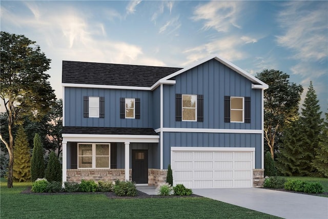 view of front facade with driveway, roof with shingles, an attached garage, a front lawn, and board and batten siding