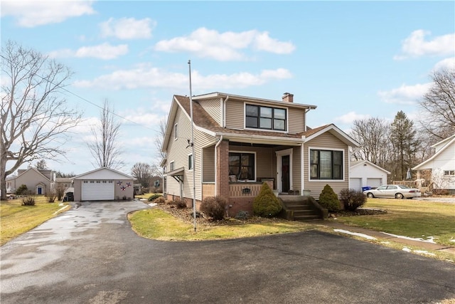 view of front of house featuring a detached garage, a chimney, a front lawn, and an outdoor structure