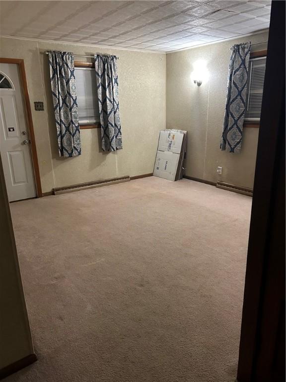 spare room featuring carpet floors, a textured wall, and baseboard heating