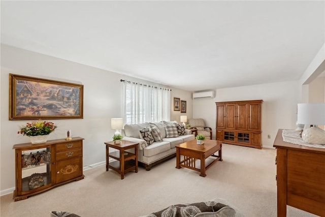 living room with light carpet, an AC wall unit, and baseboards