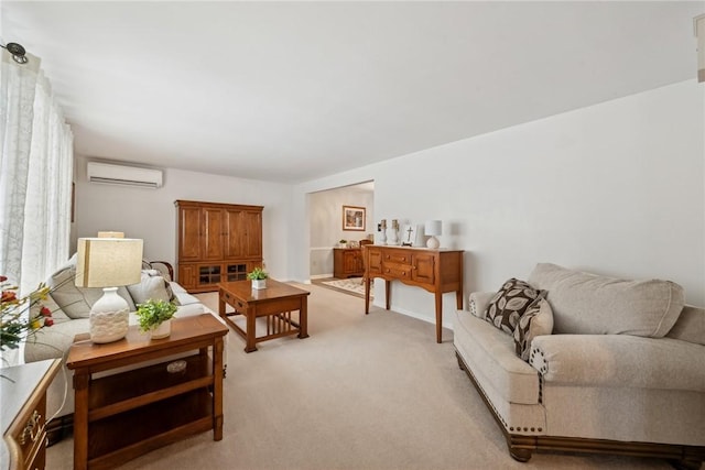 living area featuring light colored carpet and a wall mounted air conditioner