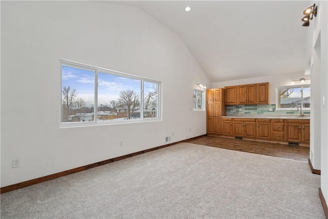 kitchen with light carpet, plenty of natural light, light countertops, and a sink