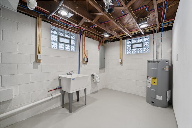 below grade area featuring electric panel and electric water heater